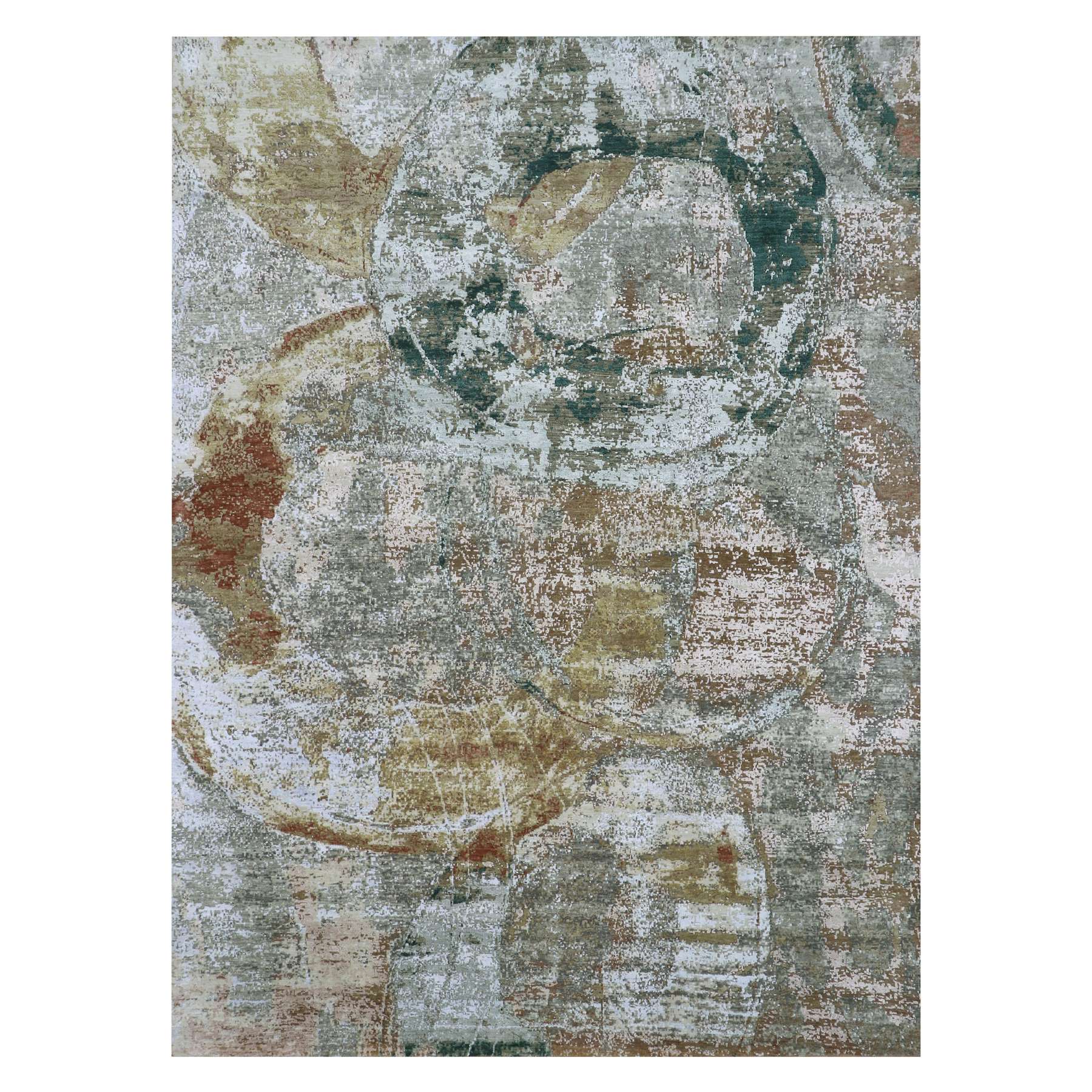 Sage Green with Brown, Persian Knot, Abstract with Galaxy Design, 100% Wool, Hand Knotted, Densely Woven, Oriental Rug